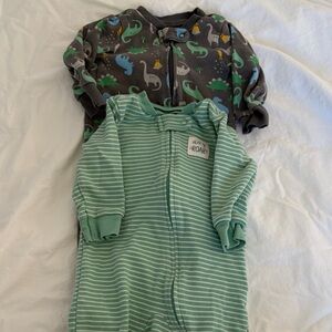 Kids Zip-Front Pajama Set in Gray and Mint Green - Dinosaur & Stripe
